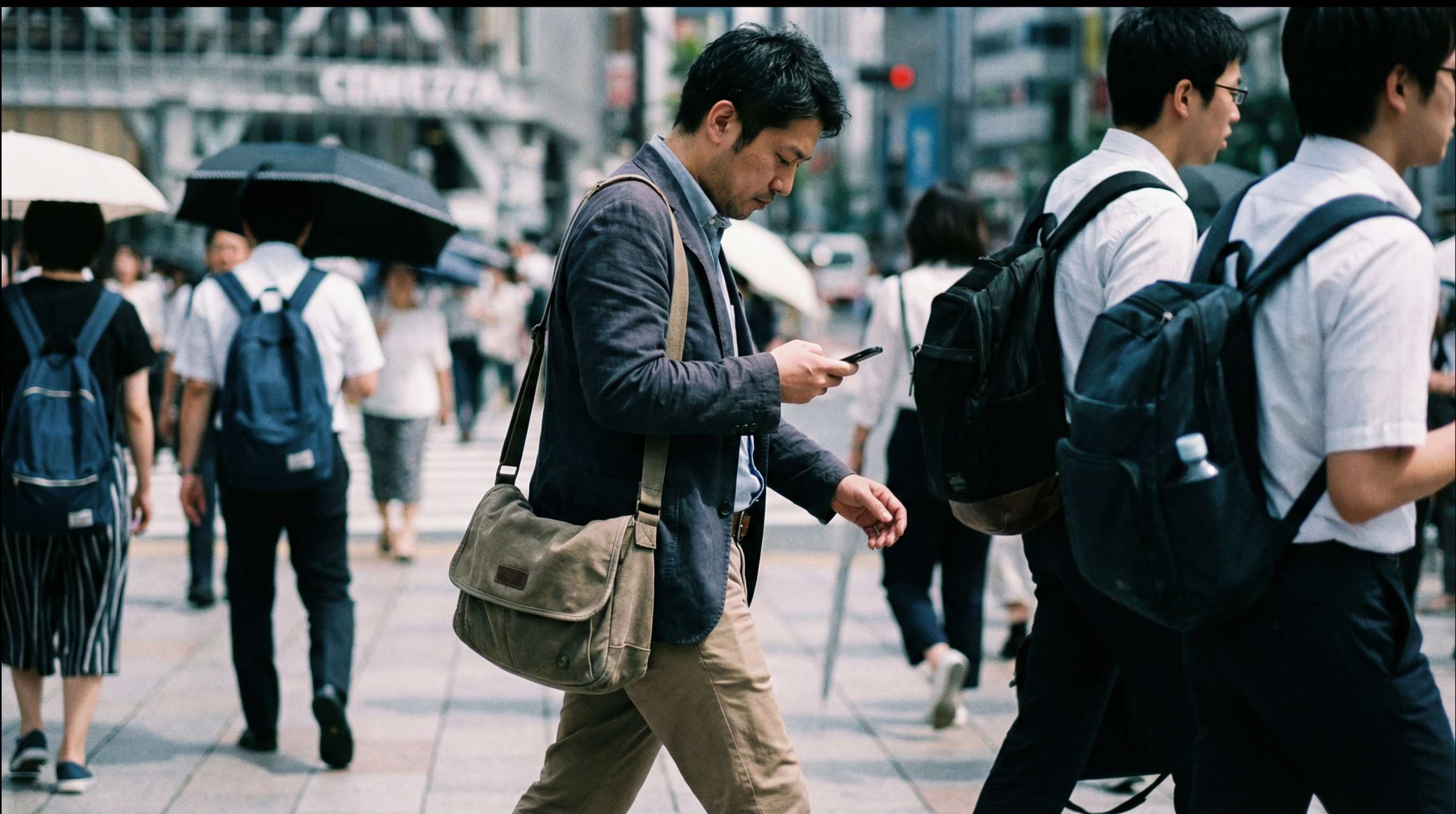 Person checking phone while commuting